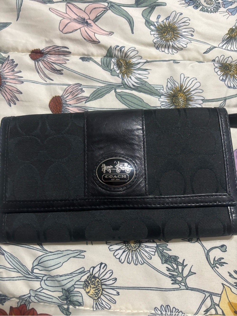 Coach Black Signature Leather-Trim Trifold Wallet